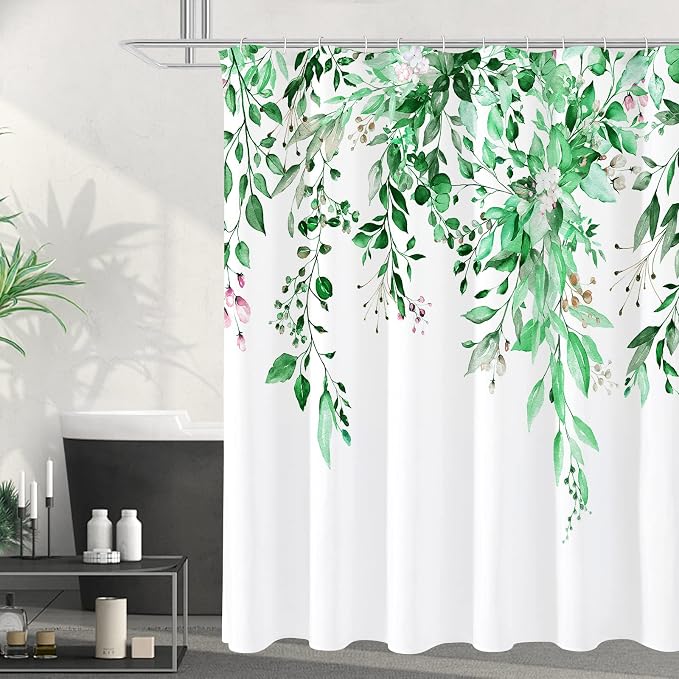 Gibelle Emerald Green Eucalyptus Shower Curtain, Watercolor Plant Leaves by Gibelle