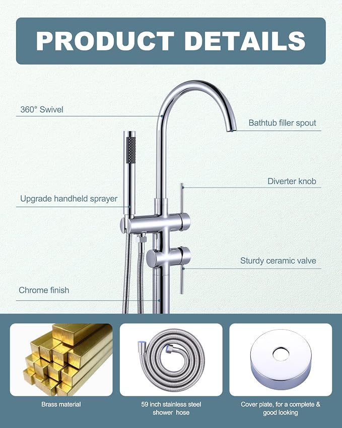 Freestanding Tub Filler Faucet Chrome: High Flow Brass Floor Mount Bathtub - Image 4