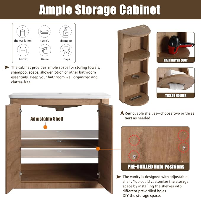 36 Inch Bathroom Vanity with Sink, Wooden Bathroom Cabinet with Soft Close Doors - Image 6