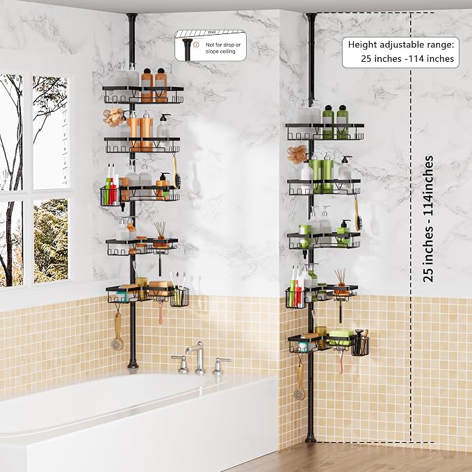 Adjustable Tension Pole Shower Caddy, 5-Tier Stainless Steel Shower Shelf - Image 6