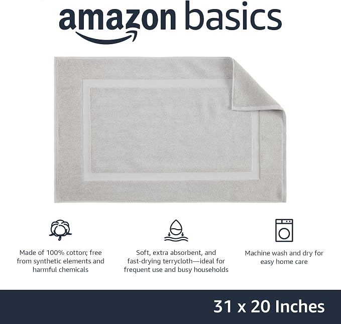 Amazon Basics Banded Bathroom Bath Rug Mat, Soft Silver, 31 inches L x 20 - Image 3