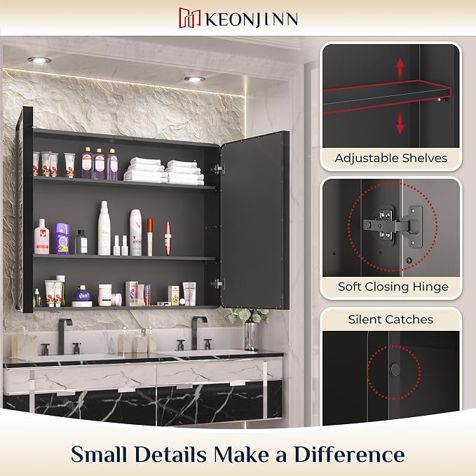 Keonjinn 48 x 32 Inch Large Black Medicine Cabinets, Recessed Bathroom Medicine - Image 7