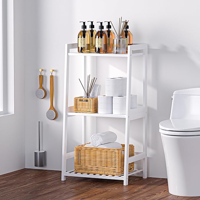 3 Tier Bamboo Bathroom Shelves, Ladder Shelf - Image 2