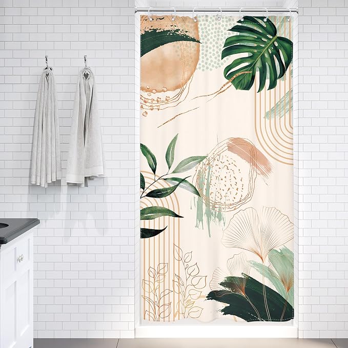 Small Stall Boho Shower Curtain 36Wx72H RV Tropical Green Leaf Modern Bohemian - Image 2
