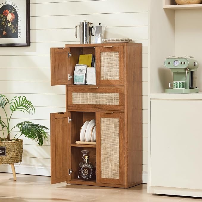 LEYAOYAO 48" Tall Storage Cabinet Set of 2, Rattan Bathroom Floor Cabinets - Image 9