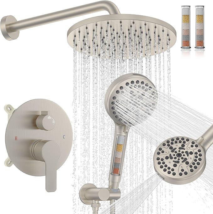 Iriber Brushed Nickel Round Rain Shower System Faucet Set，Bathroom Filtered by Iriber