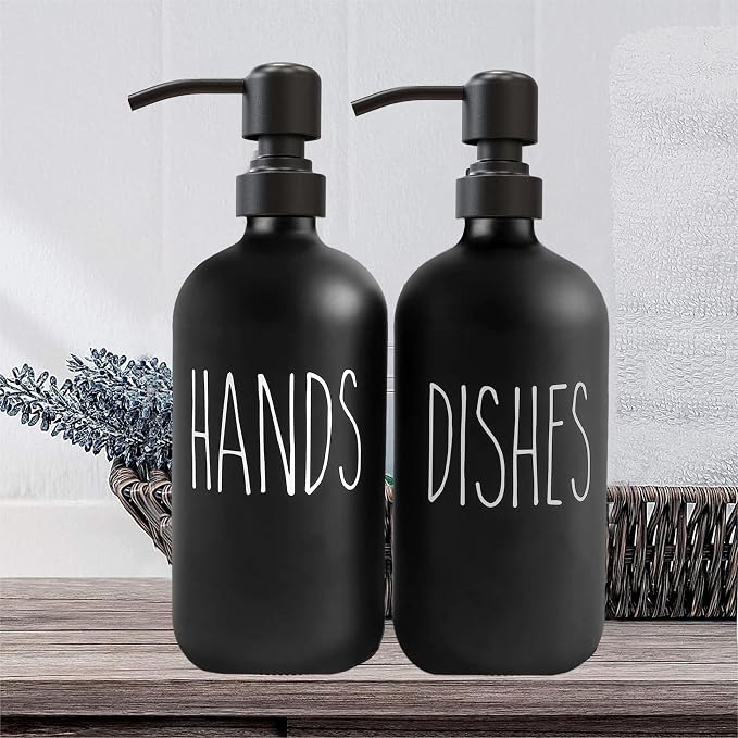 16 OZ Thick Black Glass Soap Dispenser, Matte Black Stainless Steel Pump 2 Pack - Image 6