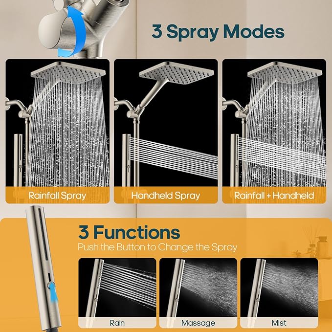 Shower Heads with Handheld Spray Combo Brushed Nickel, 10 Inch High Pressure - Image 6