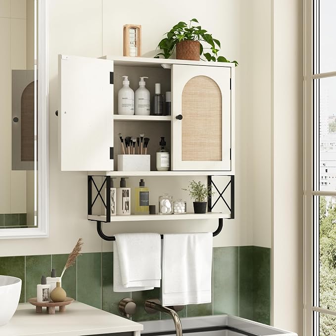 RUSTOWN Rattan Bathroom Wall Cabinet, Boho Over The Toilet Storage Cabinet - Image 3