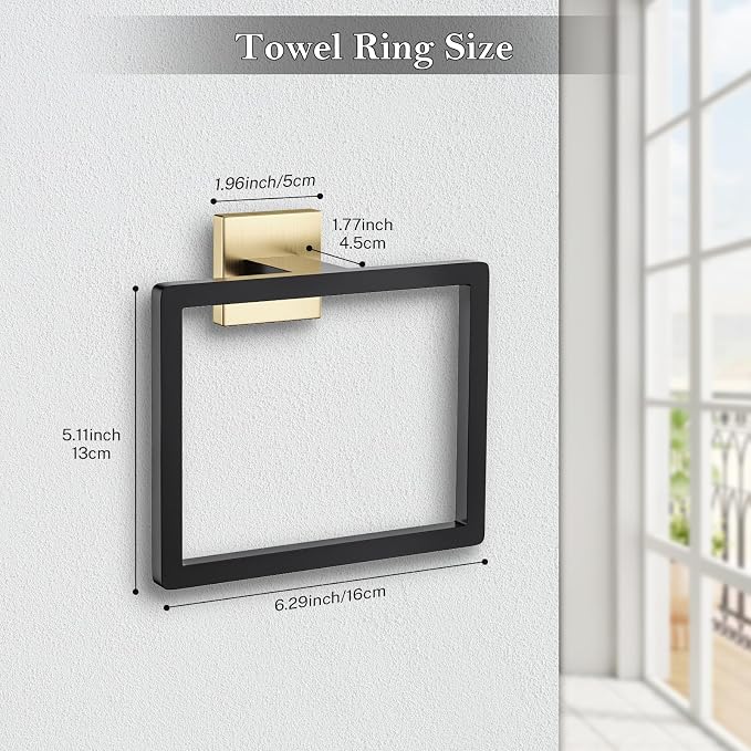 Black and Gold Towel Ring Square Hand Towel Holder Towel Hanger Bathroom - Image 4