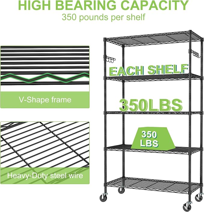 5 Tier Storage Shelves with Wheels Wire Rolling Garage Shelving Rack Organizer - Image 4