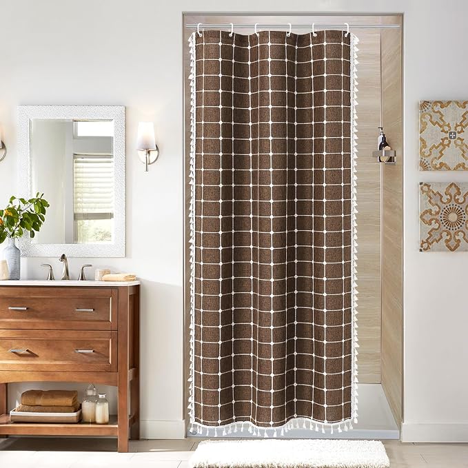 MitoVilla Brown 36 x 72 Boho Small Stall Shower Curtain, Narrow Polyester Linen by MitoVilla