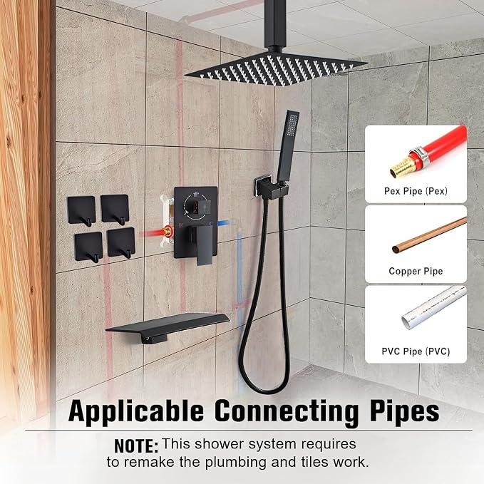 12 Inch Ceiling Mount Shower System Matte Black Rain Mixer Shower Combo Set - Image 3