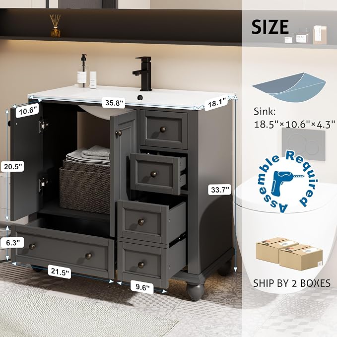 eclife 36" Bathroom Vanity Sink Combo Vintage Style - Image 6