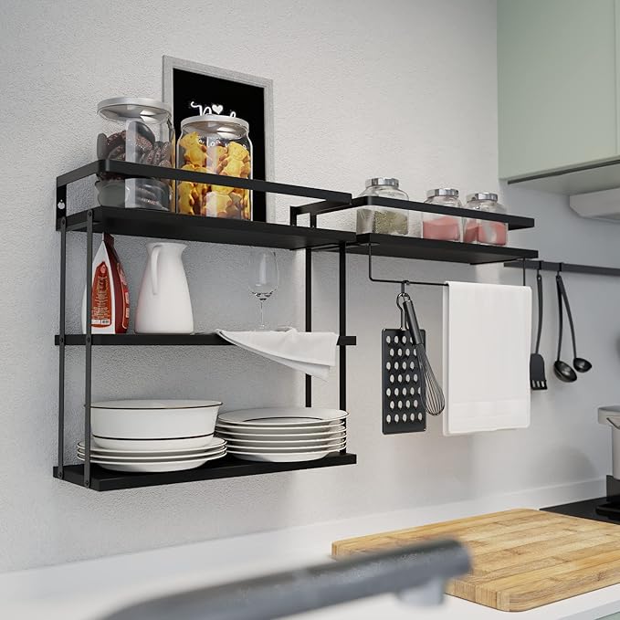 RICHER HOUSE 3+1 Tier Wall Mounted Floating Shelves Set of 2, Rustic Wood Wall - Image 5