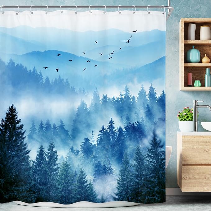 Riyidecor Navy Blue Mountain Shower Curtain 72Wx84H Inch Extra Long Woodland by Riyidecor