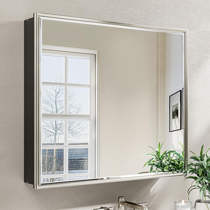 30x26 Pre-Assembled Bathroom Medicine Cabinet Mirror, Surface or Recessed by QUEENFUN