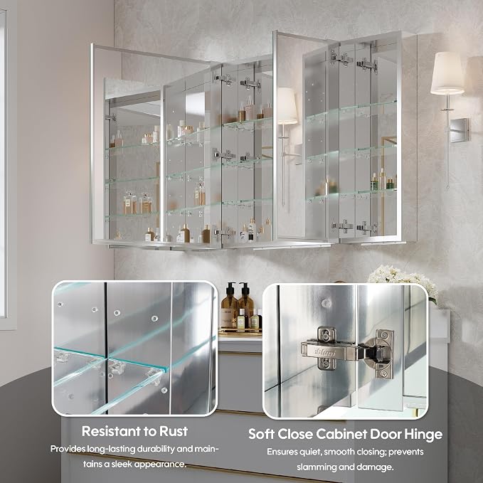 WELLFOR 44" x 30" Rectangle Medicine Cabinet Mirror, Surface Mount or Recessed - Image 5