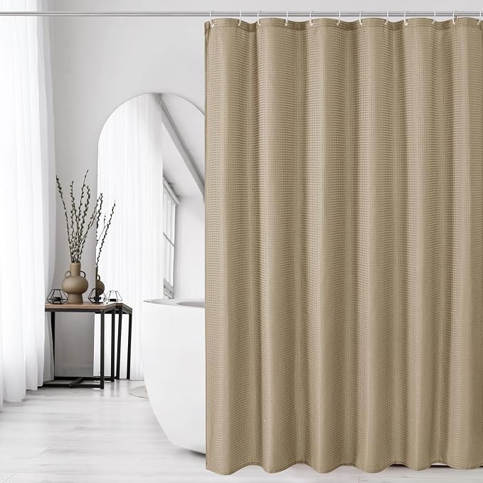 Gibelle Beige Shower Curtain, Waffle Weave Textured Fabric Shower Curtain - Image 6