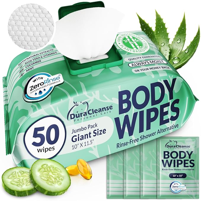 Body Wipes for Women, Extra Moist No Rinse Bathing – 50 XL Shower Cloths + 4 by DuraCleanse