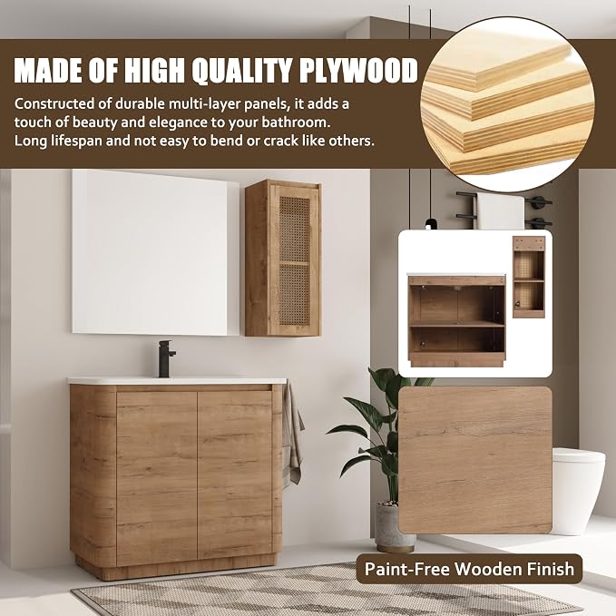 36 Inch Bathroom Vanity with Sink, Wooden Bathroom Cabinet with Soft Close Doors - Image 3