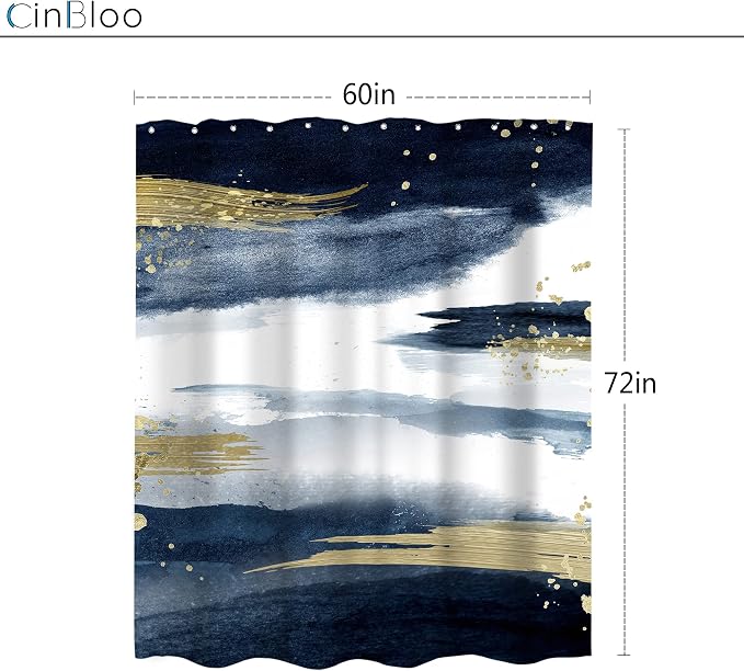 Cinbloo Navy Blue Marble Shower Curtain 60Wx72H Abstract Modern Ombre Gold - Image 3