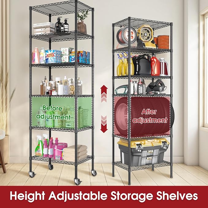 6-Tier Rolling Storage Shelves, 750 lbs Capacity Heavy Duty Metal Shelving - Image 4