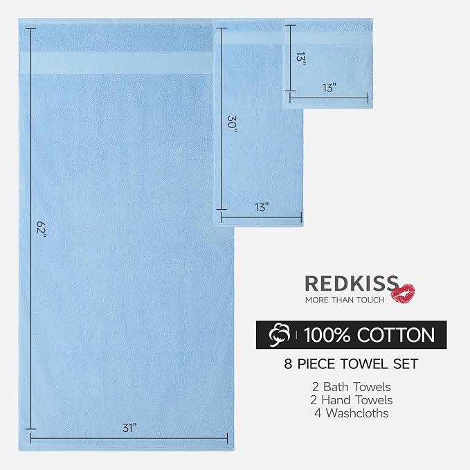 REDKISS Blue Towel Set of 8-100% Cotton Luxury Bath Towels Set - Image 3