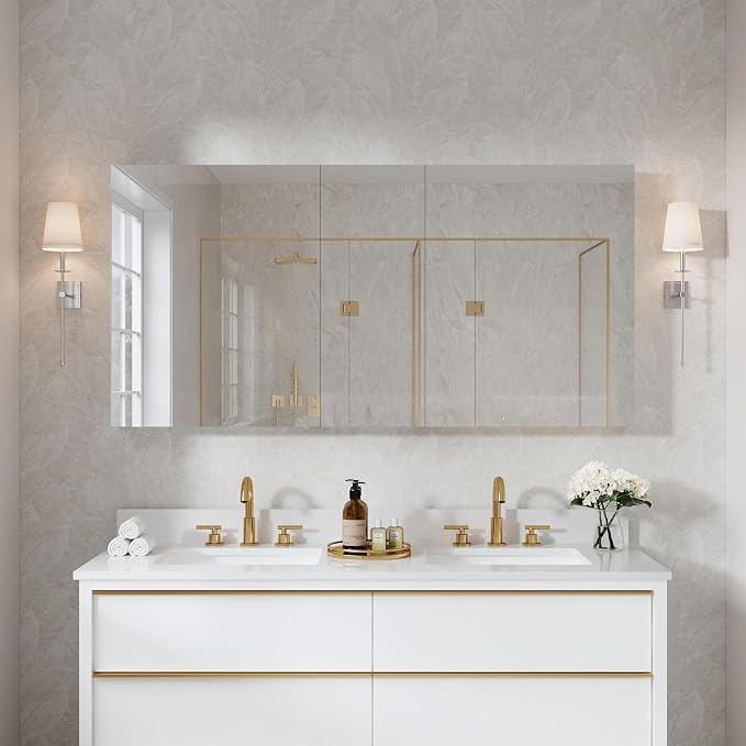 WELLFOR 60" x 30" Rectangle Medicine Cabinet Mirror, Surface Mount or Recessed - Image 8