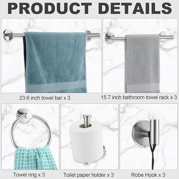 Gisafai 15 Piece Bathroom Hardware Set, 23.6 Inch Brushed Towel Bar Ring Toilet - Image 3