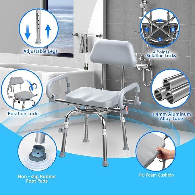 Swivel Shower Chair with Arms and Back, Anti-Slip Design, with Security Belt - Image 5