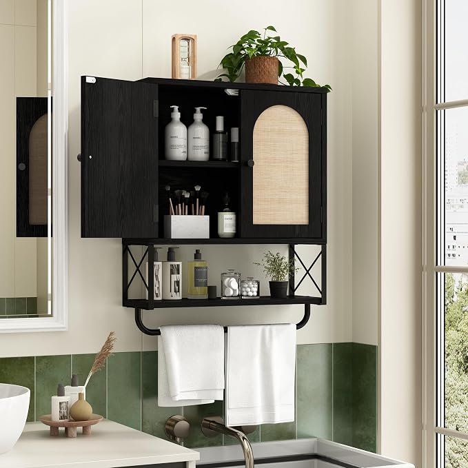 RUSTOWN Rattan Bathroom Wall Cabinet, Boho Over The Toilet Storage Cabinet - Image 3