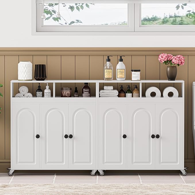 Bathroom Storage Cart with Doors，3-Door Cabinet & Divided Open Shelf，Rolling by VDNEND