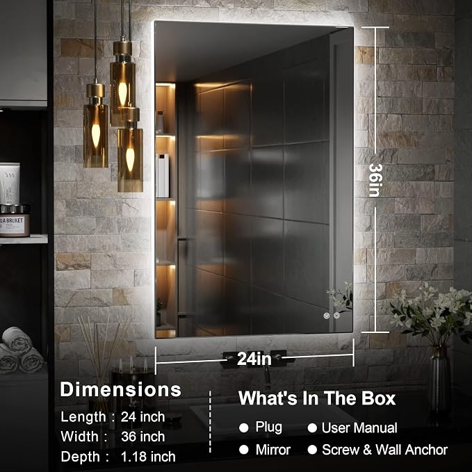 TETOTE 24 x 36 Inch LED Mirror Backlit Bathroom, Anti-Fog Mirror - Image 6