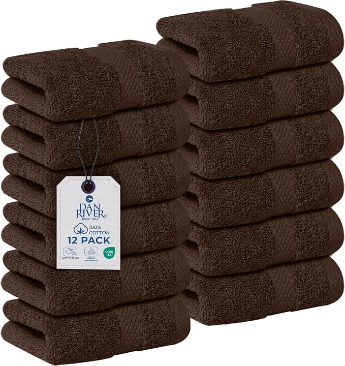 DAN RIVER 12-Pack Premium 100% Cotton Brown Face Towels – Reusable Face Towel by DanRiver