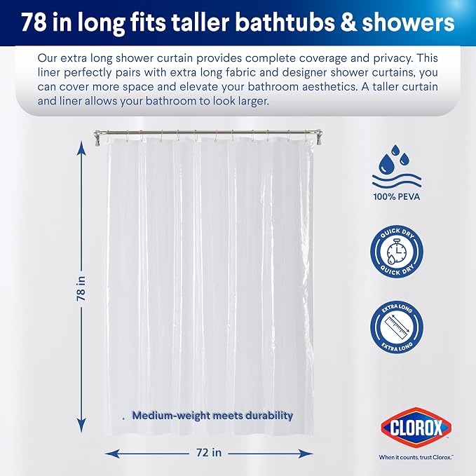 CLOROX Shower Curtain Liner, Premium Medium-Weight Durable Waterproof 6g PEVA - Image 2