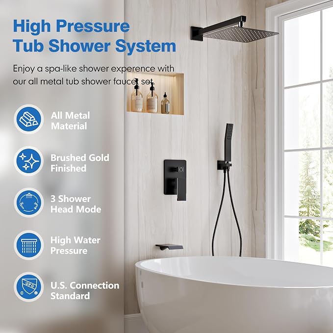 Shower System with Tub Spout, All Metal Tub Shower Faucet Set with 12'' Rain - Image 2