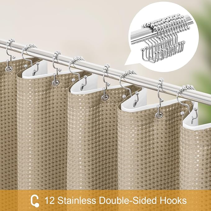 3 in 1 Extra Long Beige Shower Curtain Set-72 W x 84 H, Tan Waffle and PEVA - Image 3