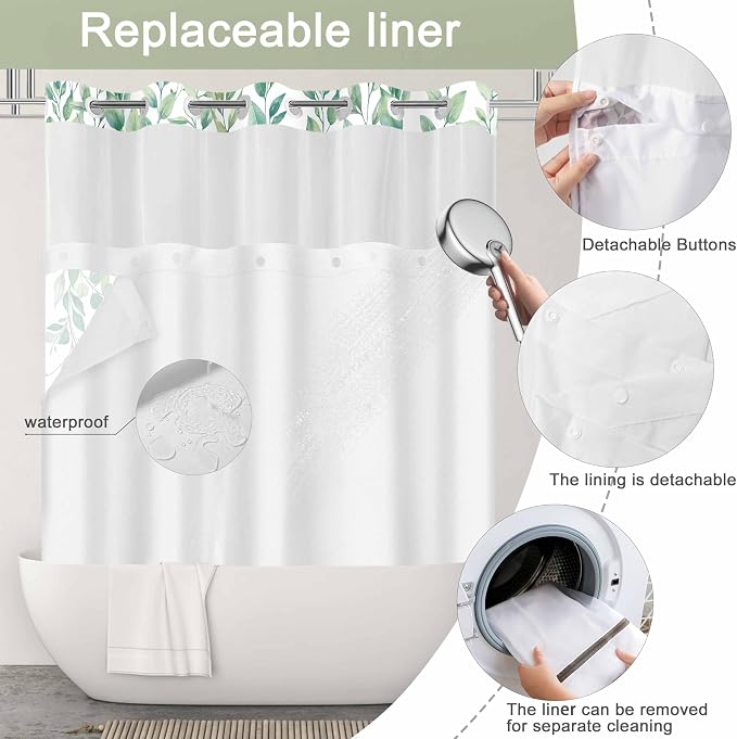 No Hook Shower Curtain and Liner Set, Light Green Eucalyptus Floral Shower - Image 5