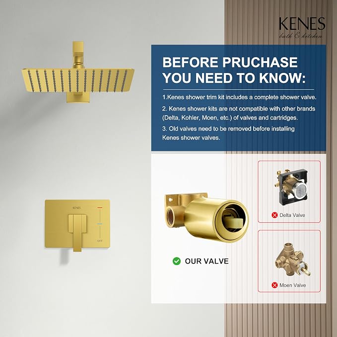 KENES Brushed Gold Shower Faucet, Modern Square 10-Inch Shower Head and Handle - Image 3