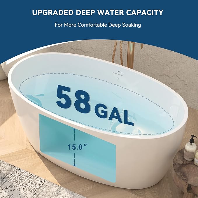 FerdY Tahiti 55" Acrylic Freestanding Bathtub, Elegant Oval Shape Soaking - Image 5
