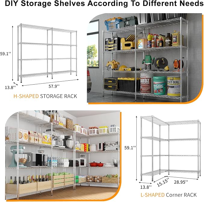 4 Tier Storage Racks Shelving, Heavy Steel Pantry Shelves, Adjustable Wire - Image 7