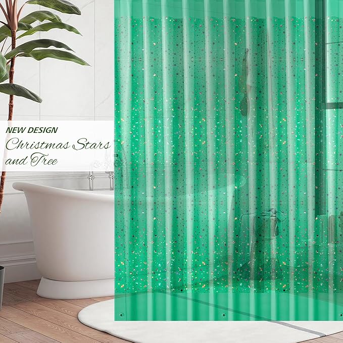 Green Holographic 3D EVA Shower Curtain Liner Glitter Star, 72x72 Premium Light - Image 2