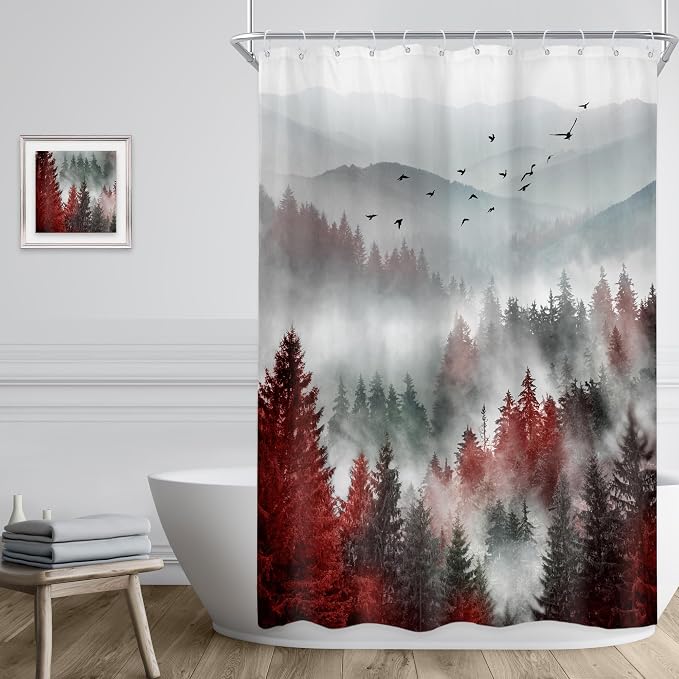 Riyidecor Red Black Mountain Shower Curtain 48Wx72H Inch, Stall Narrow Rv Small - Image 3