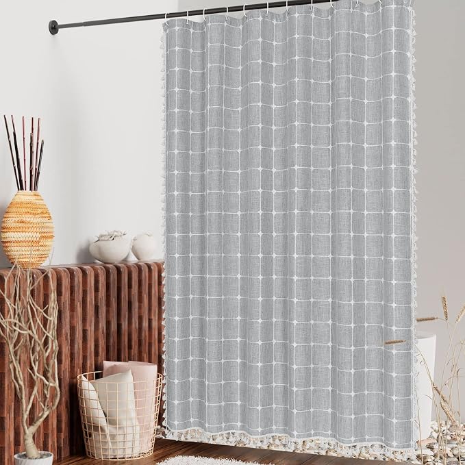 MitoVilla Modern Farmhouse Shower Curtain Set, Vintage Rustic Thick Linen Fabric - Image 2