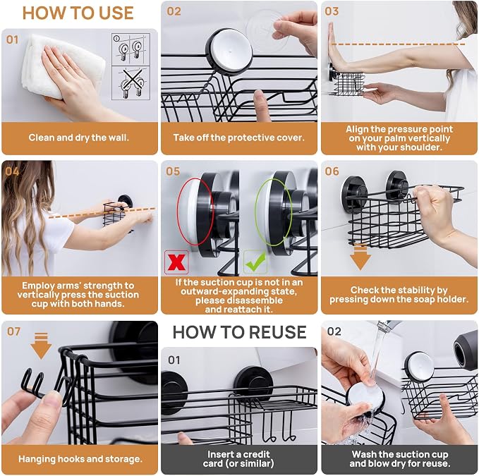 LEVERLOC Shower Caddy Suction Cup, 3 Pack Heavy Duty Bathroom Organizer - Image 8