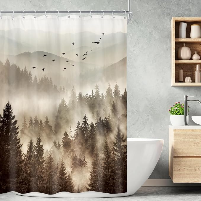 Riyidecor Foggy Mountain Shower Curtain 48Wx72H Inch RV Narrow Nature Scenery by Riyidecor