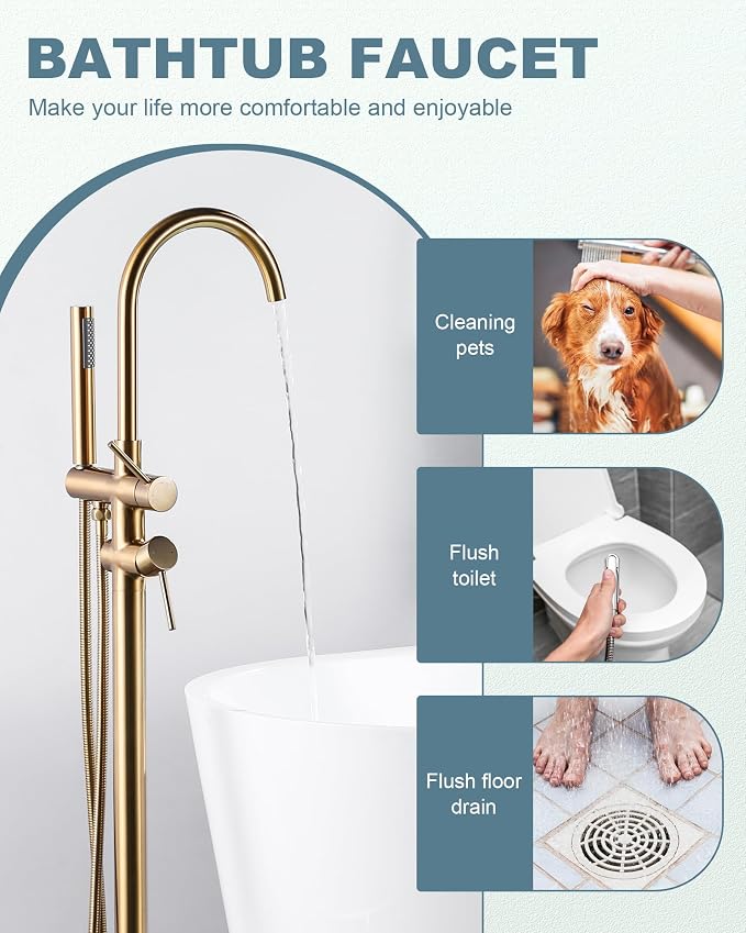 Freestanding Bathtub Faucet Brushed Gold, Floor Mount Tub Filler, High Flow - Image 5