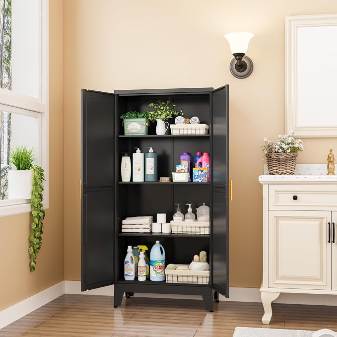 Metal Storage Cabinet With 2 Doors and 3 Adjustable Shelves, Utility Cabinet - Image 7
