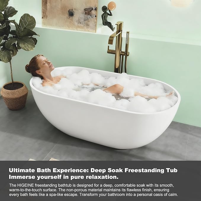 Premium 51" Solid Surface Freestanding Bathtubs, Upgraded Oval Stone Resin Tub - Image 4